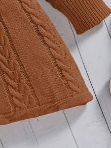 女小童麻花編織腰帶毛衣洋裝 - 棕色 - 查看 5
