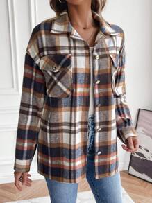 SHEIN Unity Áo khoác có túi trễ vai in họa tiết kẻ sọc - Nhiều màu - Xem 4