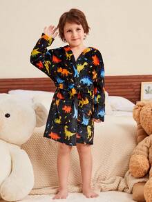 SHEIN Young Boy Plush Dinosaur Pattern Hooded Loungewear - Multicolor - View 8