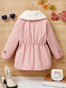 SHEIN 女小童羊絨領口腰部抽繩翻蓋細節外套 - 粉色 - 查看 2
