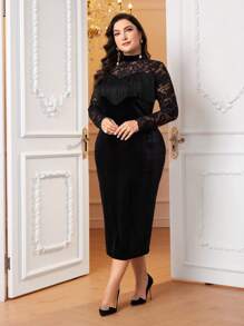 Modelyn Hơn Ren tương phản Viền rìa Cổ giả Nhung Váy bodycon - màu đen - Xem 5
