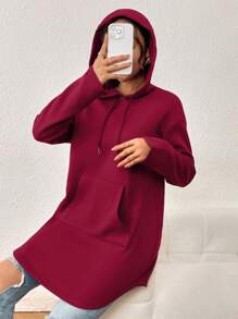 SHEIN Essnce Áo hoodie dây rút có túi Kangaroo - Màu Đỏ Sâu - Xem 4