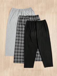 大碼3入組格紋&字母圖案腰部打結睡褲 - 彩色 - 查看 4