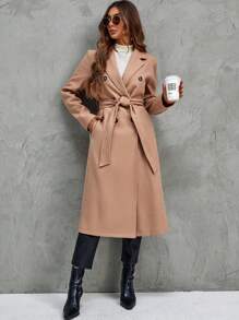 SHEIN Clasi Double Breasted Belted Overcoat - Khaki - View 4