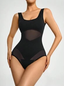 Solid Mesh Insert Shapewear Bodysuit - Black - View 5
