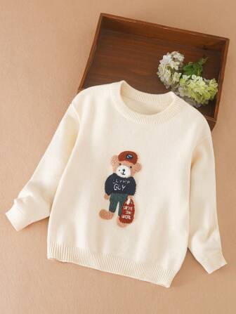 Tween Girl Bear Pattern Drop Shoulder Sweater