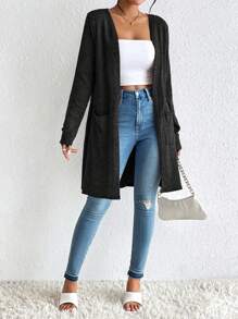 SHEIN Essnce 双口袋前开襟大衣（无吊带背心），女士冬季休闲口袋常规袖宽松黑色纯色女士大衣，休闲日常穿着 - 黑色 - 查看 6