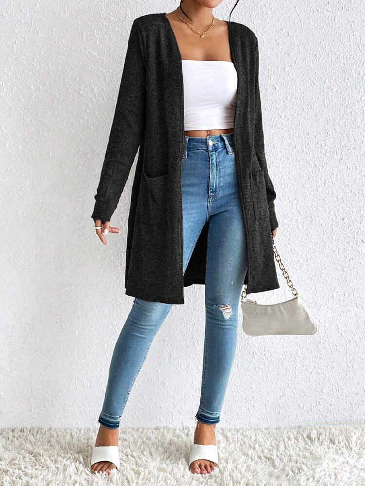 Dual Pocket Open Front Coat Without Cami Top,Ladies Winter Casual Pocket Regular Sleeve Loose Black Plain Women Coats,Casual Daily Wear