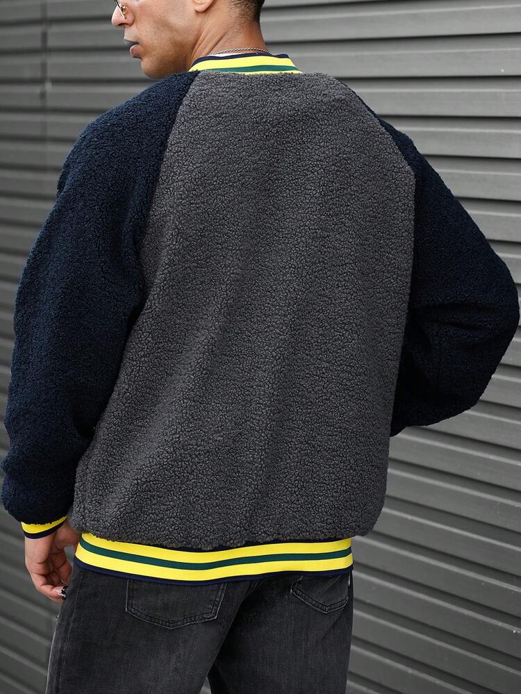 Loose Fit Men's Contrast Raglan Sleeve Striped Trim Teddy Bomber Jacket