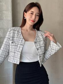 DAZY Chaqueta corta con bolsillo con solapa y estampado de cuadros