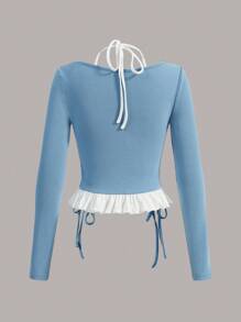 SHEIN MOD Hai âm Dây rút Xù Hoa Sen Áo thun - Xanh và trắng - Xem 2