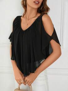 SHEIN Clasi Cold Shoulder Batwing Sleeve Tee - Black - View 4