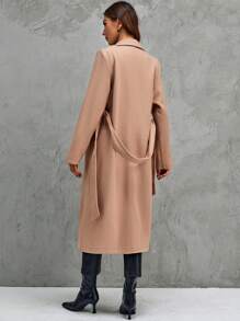 SHEIN Clasi Double Breasted Belted Overcoat - Khaki - View 2