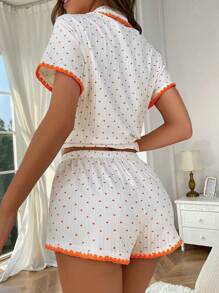 CottageSlumber Allover Heart Print Contrast Binding PJ Set / Pajama Set - Orange - View 2
