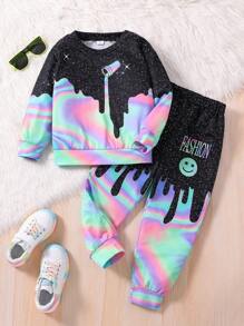 SHEIN Young Girl Marble and Galaxy Print Pullover & Sweatpants - Black - View 1