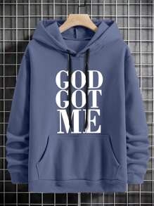 Manfinity Hombres Capucha con estampado de letra con bolsillo de canguro con cordón - Neblina azul - Ver 6