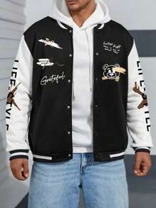 Men Plus Letter Graphic Two Tone Striped Trim Varsity Jacket Without Hoodie - Multicolor - View 1