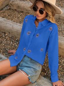 SHEIN Cottnline Eye Embroidery Button Front Drop Shoulder Shirt - Royal Blue - View 5