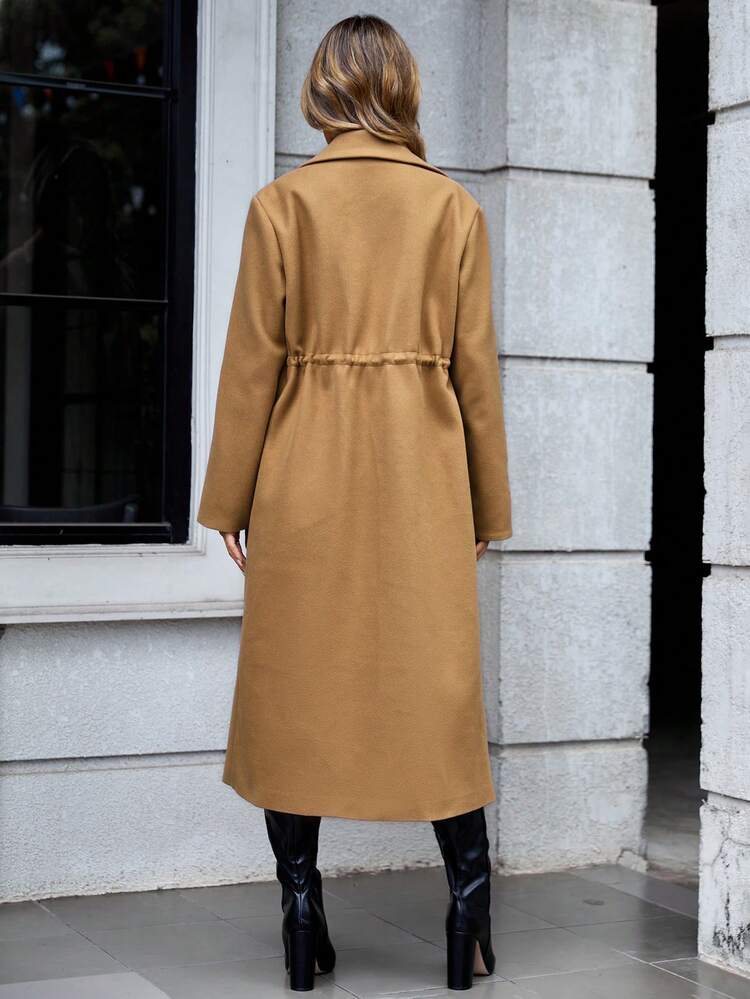 Lapel Neck Drawstring Waist Patch Pocket Overcoat