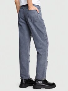 Prep 男士破爛直筒牛仔褲,不附帶腰帶 - 灰色 - 查看 5