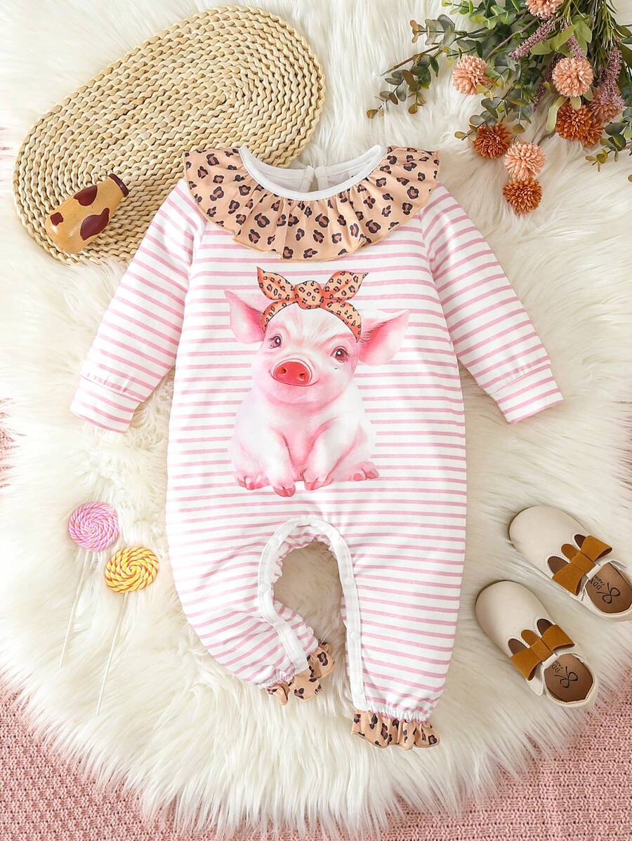 女嬰條紋圖案和動物印花荷葉邊連身褲