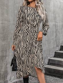 SHEIN Clasi Zebra Striped Print Twist Front Wrap Hem Dress - Black and White - View 6