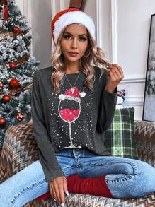 EMERY ROSE Christmas Print Tee Graphic Tees Women Tops - Dark Grey - View 1