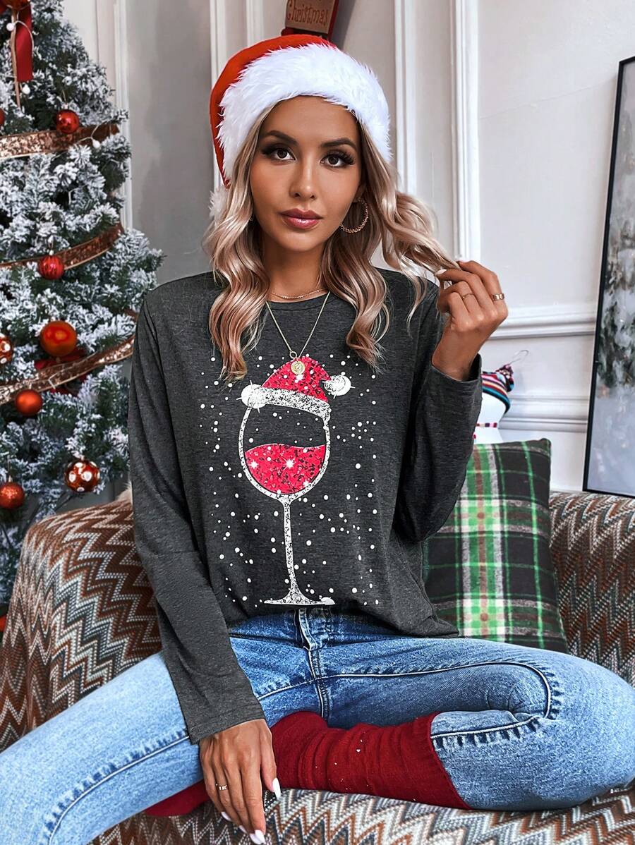 EMERY ROSE Christmas Print Tee Graphic Tees Women Tops - Dark Grey - View 1
