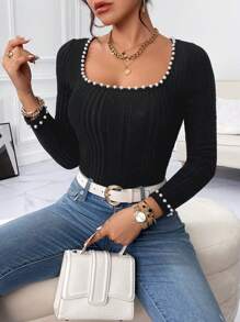 SHEIN Privé Pearls Beaded Scoop Neck Black Tee - Black - View 1