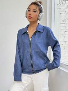 SHEIN Unity Women's Casual Everyday Commute Solid Color Suede Zip-Up Jacket, Autumn - Blue - View 1