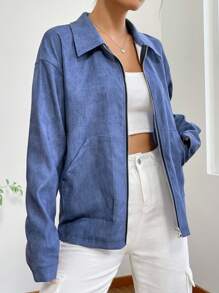 SHEIN Unity Women's Casual Everyday Commute Solid Color Suede Zip-Up Jacket, Autumn - Blue - View 6