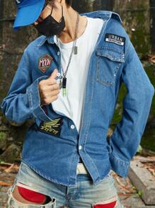Manfinity EMRG Hombres Camisa vaquera con bolsillo con solapa y parche con letra