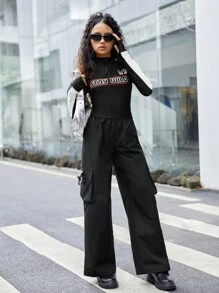 SHEIN Leap Crew Teen Girl Letter Graphic Contrast Side Seam Half Zip Tee - Black and White - View 6