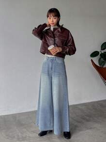 FRIFUL 高腰闊腿牛仔褲 - 藍色 - 查看 7