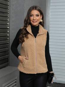 Áo khoác không tay lông gấu bông cơ bản thường ngày cho nữ, Thu/Đông - Lạc đà - Xem 6