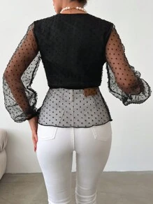 EURMUSE Contrast Mesh Lantern Sleeve Peplum Blouse - Black - View 2