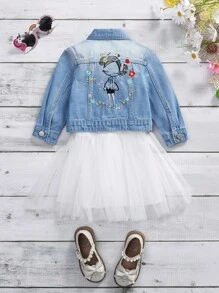 女嬰 1 入組刺繡細節牛仔夾克 - 中等水洗藍 - 查看 1