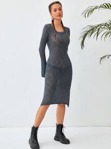 Soleia Solid Pointelle Knit Sweater Dress Without Belt - Dusty Blue - View 4
