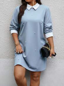 Celure Plus Pearls Beaded Contrast Collar Pearls Beaded Contrast Collar Dress - Baby Blue - View 4