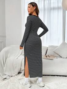 SHEIN EZwear Striped Print Split Thigh Dress - Black and White - View 2