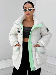DAZY Letter Graphic Slant Pocket Puffer Thick Pockets Coat ,Winter Women Clothes,Winter Coat Women