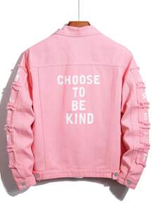 Manfinity Homme Men Long Sleeve Slogan Graphic Flap Pocket Denim Jacket Without Tee , Pink , For Fall - Pink - View 2