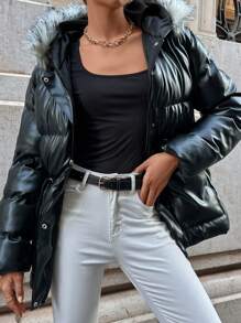 EURMUSE Drawstring Waist Fuzzy Trim Hooded Puffer Coat - Black - View 5