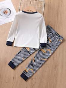 Young Boy Slogan & Excavator Print Contrast Binding Snug Fit PJ Set