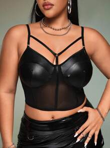 SHEIN ICON Plus Bikercore Mesh Insert Bustier Black Corset Cami Top, Summer - Black - View 1