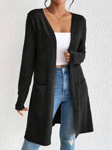 SHEIN Essnce 双口袋前开襟大衣（无吊带背心），女士冬季休闲口袋常规袖宽松黑色纯色女士大衣，休闲日常穿着 - 黑色 - 查看 5