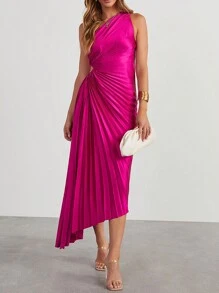 Asymmetrical Neck Asymmetrical Hem Satin Cocktail Dress Elegant Prom Semi Formal Wedding Guest Dress, For Birthday, Graduation, Dinner, Homecoming Party Dress