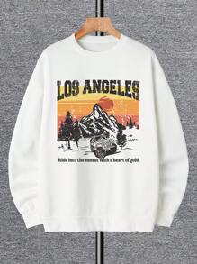 Men Mountain & Slogan Graphic Thermal Lined Sweatshirt - White - View 1