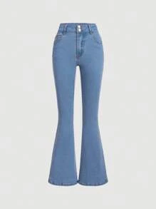 SHEIN Girlism 少女口袋细节喇叭腿牛仔裤，春秋季休闲日常穿着 - 中等水洗藍 - 查看 1