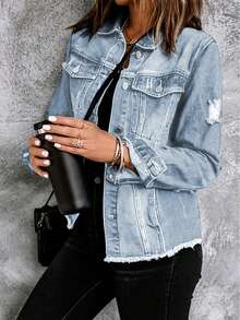 Rách Xén Thô Áo khoác denim - Màu xanh lam - Xem 3